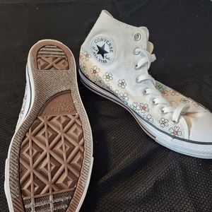 White with neon flowers Converse high tops